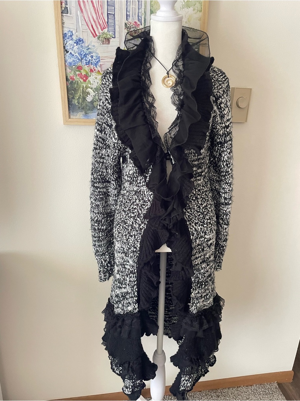 Pretty Angel 90s Y2K Silk Blend Ruffle Lace Trim Long Duster Cardigan Whimsigoth